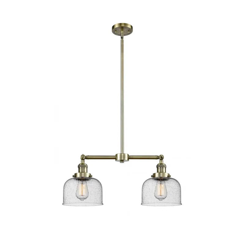 Franklin Restoration Large Bell 2 Light 21 inch Antique Brass Chandelier Ceiling Light in Seedy Glass, Franklin Restoration Sale