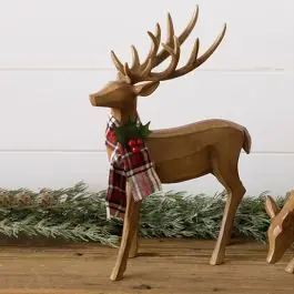 Carved Deer Figurine With Plaid Scarf Set of 2 Price Cut